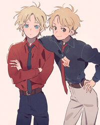  2boys blonde_hair blue_eyes brown_eyes casval_rem_deikun char_aznable_(real) crossed_arms dress_shirt elbow_on_another&#039;s_shoulder gundam hand_on_own_hip leaning_on_person male_focus mobile_suit_gundam_the_origin multiple_boys name_connection namihaya necktie shirt 