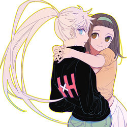  2girls bare_arms black_jacket blue_eyes blue_shorts bob_cut breasts brown_eyes brown_hair cleavage closed_mouth clothes_writing copyright_name genderswap_(mtf) gon_freecss grey_hair hair_slicked_back hairband hands_in_pockets hug hunter_x_hunter interlocked_fingers jacket killua_zoldyck long_hair long_sleeves looking_at_viewer lyingwang medium_hair midriff multiple_girls orange_shirt outline outstretched_arms own_hands_together ponytail profile rule_63 shirt short_sleeves shorts simple_background skirt smile turtleneck upper_body white_background white_outline white_skirt 