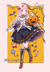  :d absurdres black_bow black_dress blush bow breasts candy cleavage commentary_request demon_horns detached_sleeves dress female food frilled_socks frills full_body hairbow halloween highres holding horns jack-o&#039;-lantern kneehighs lolita_fashion long_hair looking_at_viewer neck_ribbon oerba_yun_fang open_mouth original outline petticoat pink_eyes pink_hair pointy_ears red_bow red_footwear ribbon shoes small_breasts smile socks solo standing striped striped_ribbon white_bow yellow_outline yuzhi 