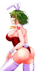  alternate_costume animal_ears ascot ass bare_arms bare_shoulders breasts commentary_request cowboy_shot detached_collar earrings fake_animal_ears fake_tail female from_behind green_hair heart heart_tattoo highres itocoh jewelry kazami_yuuka large_breasts leotard looking_at_viewer looking_back parted_lips playboy_bunny profile rabbit_ears rabbit_tail red_eyes red_leotard short_hair shoulder_tattoo sidelocks simple_background smile solo standing strapless strapless_leotard stud_earrings tail tattoo thighhighs thighs touhou white_background white_thighhighs wrist_cuffs yellow_ascot 