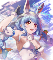  absurdres animal_ears armpits bare_shoulders black_gloves black_leotard blue_hair braid breasts carrot_hair_ornament detached_sleeves female food-themed_hair_ornament fur-trimmed_gloves fur_scarf fur_trim gloves hair_ornament hand_up happy_birthday highres hololive leotard leotard_under_clothes long_hair looking_at_viewer multicolored_hair puffy_short_sleeves puffy_sleeves rabbit_ears rabbit_girl red_eyes scarf short_sleeves skindentation small_breasts solo strapless strapless_leotard swept_bangs thick_eyebrows twin_braids twintails two-tone_hair usada_pekora usada_pekora_(1st_costume) virtual_youtuber white_hair white_scarf white_sleeves yujin_(kanouyuuto-0423) 