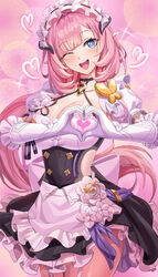  absurdres apron breasts clothing_cutout cowboy_shot elf elysia_(honkai_impact) elysia_(miss_pink_elf)_(honkai_impact) female flower gloves halterneck heart heart_hands highres honkai_(series) honkai_impact_3rd large_breasts long_hair maid maid_headdress one_eye_closed pink_hair pointy_ears purple_eyes side_cutout skl solo standing waist_apron white_gloves 