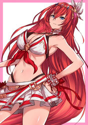  absurdres alexiel_(summer)_(granblue_fantasy) bare_shoulders belt bikini black_bikini blue_eyes border breasts cleavage closed_mouth collarbone detached_collar feather_hair_ornament feathers female godsworn_alexiel granblue_fantasy hair_between_eyes hair_ornament hand_on_own_hip highleg highleg_bikini highres large_breasts layered_bikini long_hair looking_at_viewer miniskirt navel pink_border pukara red_hair skirt solo swimsuit thighs very_long_hair white_background white_bikini 