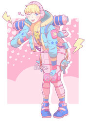  aber absurdres animification apex_legends artist_name blue_gloves blue_jacket bodysuit bow eyebrows_hidden_by_hair female gloves green_bow heart highres hood hooded_jacket jacket kawaii_voltage_wattson knee_pads lightning_bolt_symbol official_alternate_costume one_eye_closed pink_bodysuit pink_headwear pointing pointing_up purple_bow red_bow ribbed_bodysuit smile solo star_(symbol) sticker wattson_(apex_legends) yellow_bodysuit 