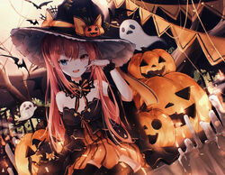  bare_shoulders bat_(animal) black_hat blue_eyes bow candle candle_wax dress feline female full_moon ghost halloween hand_up hat hat_ornament heterochromia highres jack-o&#039;-lantern long_hair miyu_(miy_u1308) moon oerba_yun_fang open_mouth original pointy_ears pumpkin red_eyes red_hair scrunchie sitting solo string_of_flags striped thighhighs twintails vertical_stripes witch_hat wrist_scrunchie 