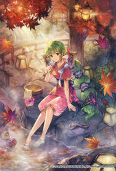  animal_print ashiyu autumn_leaves barefoot bird bow bracelet bucket butterfly_print commentary_request company_name day duck female fence finger_to_mouth foot_bath green_eyes green_hair hair_ornament hair_stick hairbow highres japanese_clothes jewelry lantern leaf long_hair looking_at_viewer maple_leaf multi-tied_hair obi official_art outdoors puffy_shorts rock romancing_saga_re;universe saga sandals sash short_sleeves shorts sitting smile soaking_feet solo soriya stream tasuki towel tree unworn_sandals very_long_hair virginia_knights water wooden_bucket 