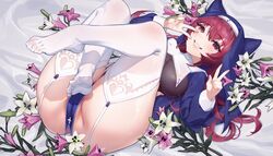  absurdres areola_slip ass blush breasts cameltoe crossed_legs double_v feet female flower garter_straps grin habit hair_between_eyes heterochromia highres hololive houshou_marine houshou_marine_(nun) lace-trimmed_legwear lace_trim large_breasts leotard long_hair looking_at_viewer lying no_bra no_panties no_shoes nox13 nun on_back pelvic_curtain pussy pussy_peek red_eyes red_hair see-through see-through_leotard smile soles solo spread_toes swept_bangs teeth thick_thighs thighhighs thighs toes v virtual_youtuber yellow_eyes 