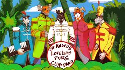  anthro black_hair blue_clothing bovid bovine canid canine canis caprine cattle clothing genericboxhead goat green_clothing group hair hat headgear headwear hi_res horn machine male mammal orange_hair outside palm_tree parody plant red_clothing robot scalie sgt._pepper&#039;s_lonely_hearts_club_band standing the_beatles tree uniform white_body white_clothing wolf yellow_clothing 