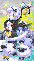  absurdres aqua_eyes bell cloud cloudy_sky cookie_run cotton_cookie female flower full_body fur_trim highres holding holding_staff humanization kaneni long_sleeves profile sheep sky smile snow solo staff standing tree yellow_flower 