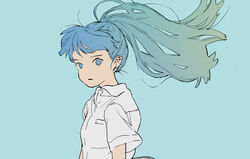  aqua_hair blue_background blue_eyes blue_hair closed_mouth collared_shirt commentary_request expressionless female floating_hair gradient_hair highres long_hair looking_at_viewer multicolored_hair no_pupils original ponytail shiki_haru shirt short_sleeves simple_background solo upper_body white_shirt 