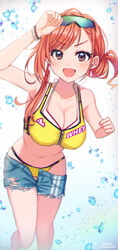  adjusting_eyewear air_bubble alternate_hairstyle arisugawa_natsuha arm_up artist_name bikini bikini_under_shorts black_eyes bracelet breasts bubble cleavage clothes_pull commentary denim denim_shorts earrings eyewear_on_head female hair_up halterneck highres idolmaster idolmaster_shiny_colors jewelry large_breasts leaning_forward logo long_hair looking_at_viewer open_fly open_mouth red_hair shorts shorts_pull smile solo soramame_tomu standing string_bikini swept_bangs swimsuit torn_clothes torn_shorts twitter_username v-shaped_eyebrows yellow_bikini zipper 