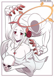  1other artist_name breasts butter_sugoi cleavage collarbone faceless female flower frown hair_flower hair_ornament halo holding holding_skull jewelry large_breasts necklace off_shoulder original pendant red_eyes red_flower red_rose rose runny_makeup skull white_hair 