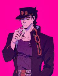  1boy black_hair chains drinking_straw gakuran green_eyes hat highres jojo_no_kimyou_na_bouken kujo_jotaro long_coat male_focus mogy88428 pink_background school_uniform solo stardust_crusaders triangle_print yakult 