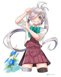  ahoge asashimo_(kancolle) asashimo_kai_ni_(kancolle) asymmetrical_legwear black_thighhighs blazer bow bowtie commentary_request cowboy_shot cropped_legs female flower gradient_hair grey_eyes grey_hair grey_legwear grin hair_over_one_eye halterneck highres jacket kantai_collection long_hair mismatched_legwear multicolored_hair ponytail school_uniform sharp_teeth simple_background sleeves_rolled_up smile solo standing teeth thighhighs tsukimura_(d24f4z8j3t) twitter_username white_background 