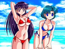  2006 2girls ami_mizuno arms_up bikini bishoujo_senshi_sailor_moon blue_eyes blue_hair breasts cleavage clouds female female_only human long_hair multiple_females navel pirochi purple_eyes purple_hair rei_hino sailor_mercury short_hair side-tie_bikini sky smile straight_hair swimsuit 