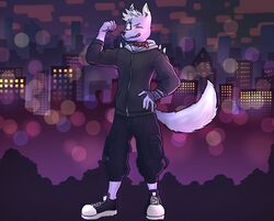  alternative_fashion anklet anthro arm_flex bottomwear canid canine canis clothing collar footwear fur grin hi_res jacket jewelry jumper male mammal pants pumpkinbon punk purple_body purple_fur shoes simple_background smile solo sweatpants tail tattoo topwear wolf 