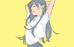  arm_behind_head arms_up closed_eyes closed_mouth collared_shirt commentary_request female grey_hair grey_skirt highres long_hair original pleated_skirt school_uniform shiki_haru shirt shirt_tucked_in short_sleeves simple_background skirt smile solo stretching tearing_up upper_body white_shirt yellow_background 