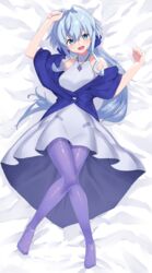  absurdres blue_eyes blue_hair breasts clenched_hands dakimakura_(medium) dress female gundam gundam_build_divers gundam_build_divers_re:rise highres looking_at_viewer lying medium_breasts on_back open_mouth pantyhose sara_(gundam_build_divers) shinwota solo white_dress 