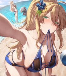  2girls alternate_costume armpits artoria_pendragon_(fate) artoria_pendragon_(lancer)_(fate) artoria_pendragon_(lancer_alter)_(fate) ball bare_arms bare_shoulders beach beachball bikini bikini_in_mouth black_one-piece_swimsuit blonde_hair blue_bikini blush breasts cleavage clothes_in_mouth collarbone commentary_request earrings eyewear_on_head fate/grand_order fate_(series) flower green_eyes hair_flower hair_ornament jewelry large_breasts long_hair looking_at_viewer mouth_hold multiple_girls neshia_(tsaqif0309) one-piece_swimsuit outdoors ponytail reaching reaching_towards_viewer sideboob solo_focus sunglasses swimsuit thigh_strap thighs water 