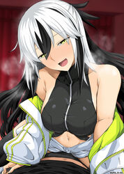  1boy bare_shoulders black_hair black_shirt black_thighhighs breasts crop_top cropped_shirt fate/grand_order fate_(series) female green_eyes green_jacket hair_between_eyes highres jacket large_breasts long_hair long_sleeves looking_at_viewer midriff multicolored_clothes multicolored_hair multicolored_jacket nagao_kagetora_(fate) navel off_shoulder open_clothes open_jacket open_mouth shirt short_shorts shorts sidelocks single_thighhigh sitting sitting_on_person sleeveless sleeveless_shirt smile thighhighs thighs two-tone_hair two-tone_jacket uesugi_kenshin_(fate) uesugi_kenshin_(second_ascension)_(fate) unadon very_long_hair white_hair white_jacket white_shorts 