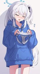  blue_archive blue_hair blue_halo blue_hoodie blush casual closed_eyes commentary cowboy_shot embarrassed female hair_intakes halo highres holding holding_clothes holding_panties holding_underwear hood hood_down hoodie light_blue_hair long_sleeves miyako_(blue_archive) miyako_(young)_(blue_archive) no_panties nose_blush official_alternate_costume one_side_up open_mouth panties puffy_long_sleeves puffy_sleeves pussy_juice pussy_juice_drip_through_clothes ripnte simple_background sleeves_past_wrists solo sweatdrop thighs translated underwear unworn_panties v-shaped_eyebrows white_background 