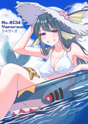  arm_up bare_arms bare_legs bare_shoulders bikini blue_hair blue_sky breasts character_name cloud collarbone commentary day dutch_angle female fins flower grin hair_between_eyes hand_on_headwear hat hat_flower head_fins highres innertube large_breasts light_blush long_hair looking_at_viewer minori_13101 mole mole_on_breast mole_under_eye outdoors personification pokemon purple_eyes sharpedo sky smile solo staryu sun_hat swim_ring swimsuit tail vaporeon water white_bikini white_hat 