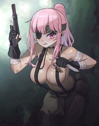  big_boss big_boss_(cosplay) breasts cleavage cosplay eyepatch gun handgun highres holding holding_gun holding_knife holding_weapon hololive hololive_english knife large_breasts metal_gear_(series) metal_gear_solid_3:_snake_eater mori_calliope pink_hair ponytail red_eyes sweat trigger_discipline virtual_youtuber weapon zedd_(zedgawr) 