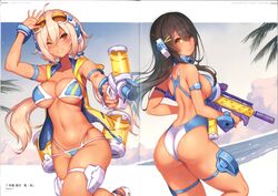  2girls absurdres ahoge ass asura_archer_aoi asura_ninja_aoi bare_shoulders bikini black_hair blonde_hair blush bracelet breasts brown_eyes cleavage closed_mouth goggles goggles_on_head hair_ornament hairclip hand_up highleg highleg_swimsuit highres holding jacket jewelry large_breasts lips long_hair looking_at_viewer low_twintails medium_breasts megami_device multiple_girls navel nidy ocean one-piece_swimsuit one_eye_closed open_clothes open_jacket outdoors page_number parted_lips scan shiny_skin sleeveless sleeveless_jacket smile stomach swimsuit tan thigh_strap twintails water water_gun 