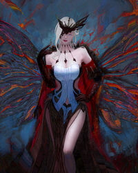  bare_legs bare_shoulders black_dress black_mask blue_eyes breasts brown_gloves butterfly_wings cleavage clothing_cutout coat commentary dangle_earrings dress earrings elbow_gloves english_commentary feet_out_of_frame female fire flowersbloodart fur-trimmed_coat fur_trim genshin_impact gloves grey_hair half_mask hand_on_own_hip hand_up highres insect_wings jewelry lace-trimmed_eyepatch large_breasts lipstick looking_at_viewer makeup mask mask_over_one_eye medium_hair navel_cutout off-shoulder_dress off_shoulder one_eye_covered parted_lips pelvic_curtain red_coat red_lips side_cutout signora_(genshin_impact) single_earring smile solo strapless strapless_dress studded_gloves teeth two-tone_dress upper_teeth_only white_dress wings 