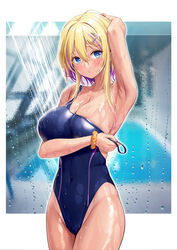  alternate_costume armpits azur_lane bath bathing blonde_hair blue_eyes blurry blurry_background blush breasts competition_swimsuit female hair_between_eyes hair_ornament hairclip highres large_breasts looking_at_viewer marblehead_(azur_lane) multicolored_hair one-piece_swimsuit pink_hair presenting_armpit rei_no_pool short_hair_with_long_locks silveroid smile solo swimsuit two-tone_hair wet wet_clothes wet_swimsuit 