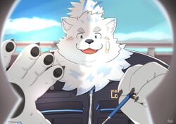  anthro bandage bandage_on_face belly blush canid canine canis clothing domestic_dog fur hi_res kamakitoron keyhole lifewonders live_a_hero lockpick locksmith male mammal nordic_sled_dog overweight overweight_male samoyed solo spitz topknot topwear vest white_body white_fur yohack 