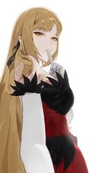  absurdres bare_shoulders black_dress black_ribbon blonde_hair breasts dress elbow_gloves eyelashes feather-trimmed_dress feather-trimmed_gloves female finger_to_mouth gloves hair_ribbon hand_up highres kiss-shot_acerola-orion_heart-under-blade kizumonogatari large_breasts long_hair looking_at_viewer monogatari_(series) oshino_shinobu parted_bangs parted_lips pointy_ears red_dress ribbon simple_background solo tabulagami upper_body very_long_hair white_background white_gloves white_sleeves yellow_eyes 