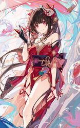  bare_shoulders black_choker black_gloves black_sash breasts brown_hair choker cleavage commentary dress feet_out_of_frame female fox_mask gloves grin highres honkai:_star_rail honkai_(series) long_hair looking_at_viewer mask mask_on_head obi off-shoulder_dress off_shoulder pink_eyes red_dress sash short_sleeves small_breasts smile solo sparkle_(honkai:_star_rail) standing symbol-only_commentary thighs twintails very_long_hair yajuu 