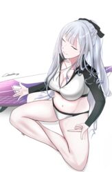  absurdres ak-12_(age_of_slushies)_(girls&#039;_frontline) ak-12_(girls&#039;_frontline) artist_name braid breasts cleavage closed_eyes collarbone commentary female french_braid full_body gincho girls&#039;_frontline grey_hair hair_ribbon highres long_hair long_sleeves medium_breasts navel official_alternate_costume on_floor one-piece_swimsuit open_mouth ponytail ribbon sitting smile solo swimsuit thighs white_background white_one-piece_swimsuit 