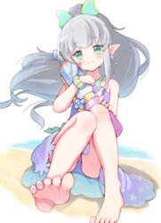  barefoot closed_mouth dress earrings feet female foot_focus green_eyes grey_hair highres holding holding_water_gun jazz_grace jewelry knees_together_feet_apart knees_up legs long_hair looking_at_viewer nail_polish panties pointy_ears ponytail purple_dress purple_nails purple_panties puyopuyo puyopuyo_quest scrunchie shore sitting smile solo toenail_polish toenails toes underwear water_gun wrist_scrunchie yana_(puyopuyo) 