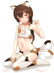  adapted_costume animal_ear_legwear animal_ears bra braid brown_hair cat_cutout cat_ear_legwear cat_ear_panties cat_ears cat_lingerie cat_tail cleavage_cutout clothing_cutout female flat_chest frilled_bra frills kantai_collection long_hair meme_attire multicolored_bra multicolored_clothes multicolored_legwear multicolored_panties multiple_tails one-hour_drawing_challenge orange_eyes panties ray.s simple_background single_braid sitting solo souya_(kancolle) tail thighhighs two_tails underwear underwear_only wariza whiskers white_background 