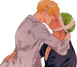  2boys bandaged_chest bandaged_head bandages black_shirt blonde_hair colored_skin commentary curly_eyebrows earrings flustered green_hair half-closed_eyes highres jewelry kissing kzwtr8 male_focus mature_male multiple_boys one_piece roronoa_zoro sanji_(one_piece) scar scar_on_chest shirt short_hair simple_background single_earring tan teeth white_background white_shirt white_skin yaoi 