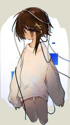  asymmetrical_hair brown_eyes brown_hair cable cropped_legs female hair_ornament highres iwakura_lain long_sleeves looking_to_the_side serial_experiments_lain short_hair sleeves_past_wrists solo uchuunin x_hair_ornament 