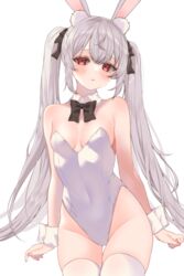  animal_ear_fluff animal_ears black_bow black_bowtie blush bow bowtie breasts chitose_(chi_candy) commentary covered_navel cowboy_shot detached_collar female grey_hair hair_ornament highleg highleg_leotard highres leotard long_hair looking_at_viewer medium_breasts original parted_lips rabbit_ears red_eyes simple_background solo strapless strapless_leotard thighhighs twintails white_background white_leotard white_thighhighs white_wrist_cuffs wrist_cuffs 