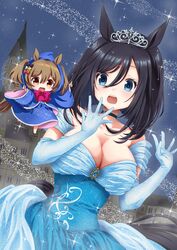  2girls animal_ears bare_shoulders black_hair blue_dress breasts cinderella cinderella_(disney) cinderella_(disney)_(cosplay) cleavage cosplay dress dutch_angle eishin_flash_(umamusume) elbow_gloves gloves highres horse_ears horse_girl multiple_girls riku_antique smart_falcon_(umamusume) tiara umamusume 