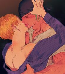  2boys bandana beard black_background black_bandana blonde_hair closed_eyes clothes_lift colored_skin earrings facial_hair flustered french_kiss grabbing_another&#039;s_chin green_hair hand_on_another&#039;s_chin highres jewelry kissing kzwtr8 male_focus mature_male multiple_boys one_piece roronoa_zoro sanji_(one_piece) shirt shirt_lift short_hair simple_background single_earring sweat tan teeth tongue tongue_out white_shirt white_skin yaoi 