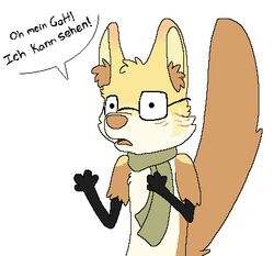  2014 aliasing ambiguous_gender anthro black_text brown_body brown_fur brown_inner_ear_fluff brown_nose canid canine das_(sebdoggo) dialogue digital_drawing_(artwork) digital_media_(artwork) dot_eyes eyewear fennec_fox flat_colors fox fur german_text glasses green_scarf half-length_portrait handpaw handwritten_text inner_ear_fluff low_res mammal markings microsoft_paint_(artwork) mostly_nude nonbinary_(lore) open_mouth paws portrait raised_tail rectangular_glasses scarf scarf_only sebdoggo semi-anthro simple_background solo speech_bubble striped_markings stripes tail tan_body tan_fur text thumbless translated true_fox tuft wearing_glasses white_background yellow_body yellow_fur yellow_inner_ear 