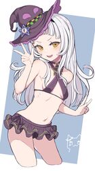  absurdres bikini bikini_skirt black_hairband blue_background blush breasts choker commentary contrapposto cowboy_shot criss-cross_halter cropped_legs double_v eternaltanbo female hairband halterneck hat highres hololive long_hair looking_at_viewer murasaki_shion murasaki_shion_(hololive_summer_2019) navel official_alternate_costume open_mouth orange_eyes purple_bikini purple_choker purple_headwear ribs shiokko_(murasaki_shion) sidelocks simple_background small_breasts smile solo standing stomach swimsuit tilted_headwear v virtual_youtuber white_hair witch_hat 