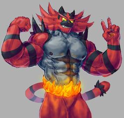  2023 abs anthro barazoku biceps digital_media_(artwork) fire generation_7_pokemon grey_background hi_res incineroar male mixterart muscular muscular_anthro muscular_male muscular_thighs nintendo nipples pecs pokemon pokemon_(species) quads simple_background smile solo tail teeth thick_thighs 