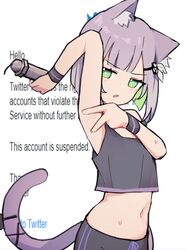  absurdres animal_ear_fluff animal_ears armpits bad_id bad_twitter_id bare_shoulders black_tank_top bomb cat_ears cat_girl cat_tail colored_inner_hair crop_top explosive female green_eyes green_hair hair_ornament highres inactive_account indie_virtual_youtuber looking_at_viewer lyrinne midriff multicolored_hair navel open_mouth pipe_bomb purple_hair second-party_source short_hair shwaa solo spread_armpit tail tank_top twitter virtual_youtuber 