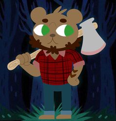  2017 4_fingers anthro arm_hair axe axe_over_shoulder barefoot bear bear_ears beard biped blue_background blue_bottomwear blue_clothing blue_jeans blue_pants body_hair bottomwear brown_bear brown_beard brown_body brown_ears brown_eyebrows brown_facial_hair brown_fur brown_hair brown_nose brown_tuft character_request circle_eyebrows clothed clothed_anthro clothed_male clothing denim denim_bottomwear denim_clothing detailed_background digital_drawing_(artwork) digital_media_(artwork) eyebrows facial_hair feet fingers forest forest_background front_view full-length_portrait fur grass green_eyes hair hand_on_hip head_tuft holding_axe holding_object jeans juliekarbon lineless looking_aside lumberjack male mammal nature nature_background night_in_the_woods no_pupils pants pattern_clothing pattern_shirt pattern_topwear plaid plaid_clothing plaid_shirt plaid_topwear plant portrait red_clothing red_shirt red_topwear round_ears shirt simple_background solo standing style_emulation topwear tree tuft ursine 