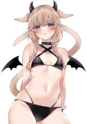  absurdres animal_ears bare_shoulders bikini black_bikini black_choker black_horns blush braid breasts cat_ears cat_girl cat_tail chitose_(chi_candy) choker commentary contrapposto cowboy_shot criss-cross_halter crossed_bangs demon_horns demon_wings facial_mark female final_fantasy final_fantasy_xiv green_eyes halloween halterneck highres horns light_brown_hair long_hair looking_at_viewer miqo&#039;te navel parted_lips simple_background small_breasts solo stomach swimsuit tail twin_braids warrior_of_light_(ff14) whisker_markings white_background wings wrist_cuffs 