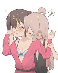  2girls @_@ absurdres ahoge bandaid bandaid_on_neck bare_arms belt black_hair blue_bra bra breasts cleavage closed_eyes collarbone commentary grey_hair hair_ornament hairclip hand_over_another&#039;s_eyes highres holding_another&#039;s_wrist incest kissing kissing_neck long_hair long_sleeves medium_breasts multicolored_hair multiple_girls musical_note off_shoulder onii-chan_wa_oshimai! open_clothes open_mouth open_shirt orange_eyes oyama_mahiro oyama_mihari pink_hair purple_hair red_shirt shirt siblings simple_background sisters spoken_musical_note t-shirt twintails two-tone_hair underwear white_background yama_h15 yuri 