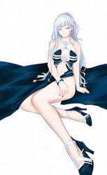  absurdres ak-12_(girls&#039;_frontline) ak-12_(quiet_azure)_(girls&#039;_frontline) aqua_dress aqua_footwear bare_legs bare_shoulders bracelet breasts closed_eyes collarbone dress earrings female full_body girls&#039;_frontline grey_nails high_heels highres jewelry legs lips long_hair medium_breasts nail_polish navel official_alternate_costume on_floor samsam_s2s sidelocks smile solo thighs white_background white_hair 