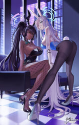  2girls animal_ears asakou_(n_morninglight) ass asuna_(blue_archive) asuna_(bunny)_(blue_archive) bare_shoulders black_hair black_leotard black_pantyhose blue_archive blue_eyes blue_halo blue_leotard breasts dark-skinned_female dark_skin fake_animal_ears fake_tail fishnet_pantyhose fishnets grin hair_over_one_eye halo highleg highleg_leotard highres indoors karin_(blue_archive) karin_(bunny)_(blue_archive) leotard light_brown_hair long_hair multiple_girls official_alternate_costume pantyhose playboy_bunny rabbit_ears rabbit_tail sitting smile strapless strapless_leotard tail teeth yellow_eyes 